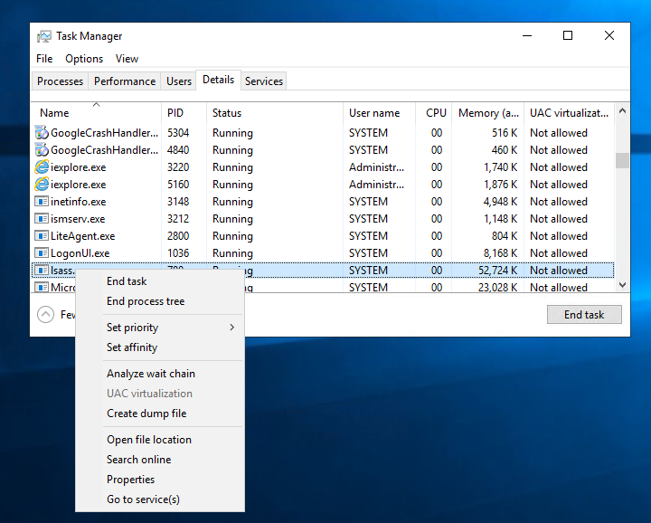 Dumping lsass.exe process Using Task Manager